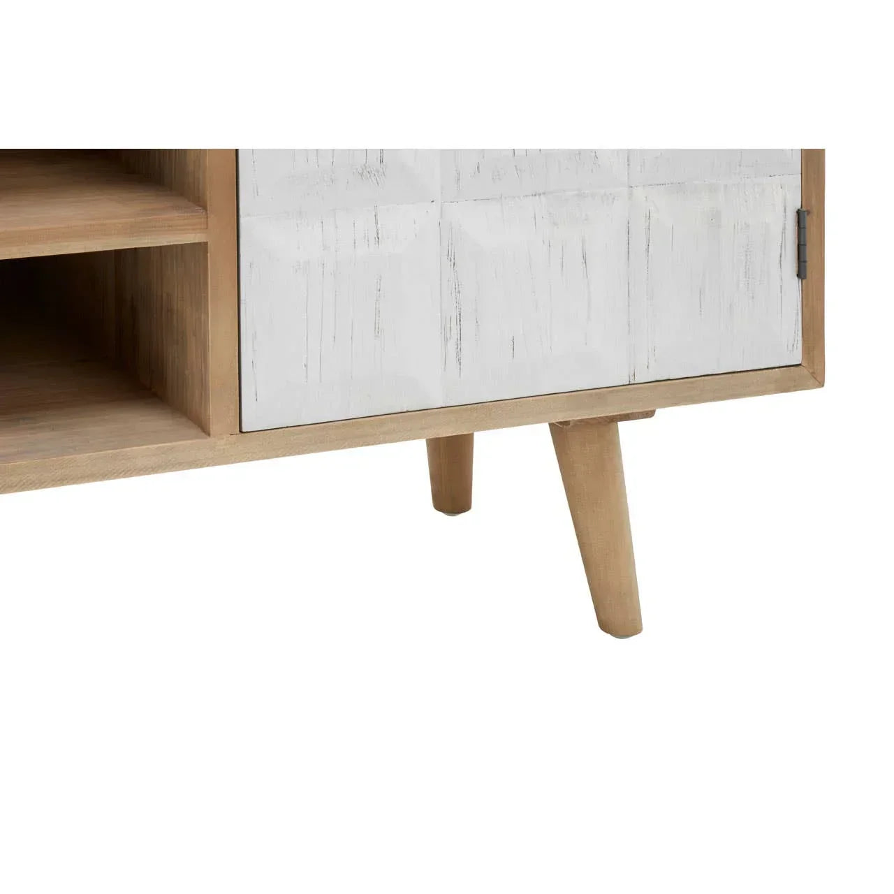 Wooden sideboard with open shelving and white textured cabinet door, angled legs visible
