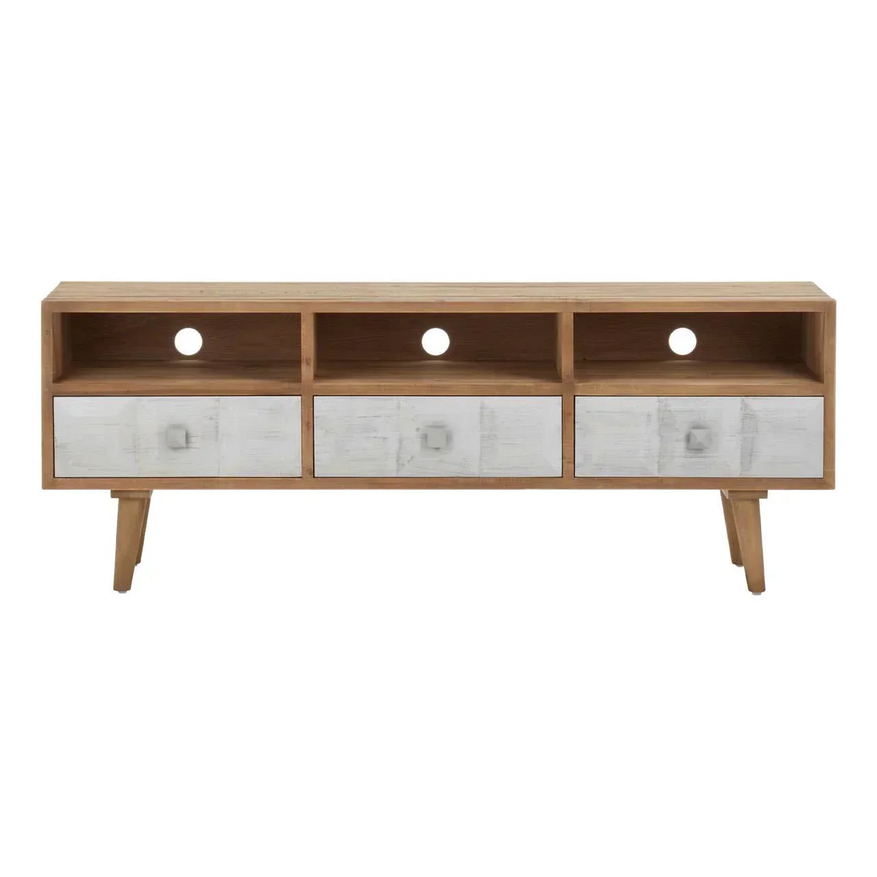 Wooden TV unit with three open shelves and three white front drawers, angled legs