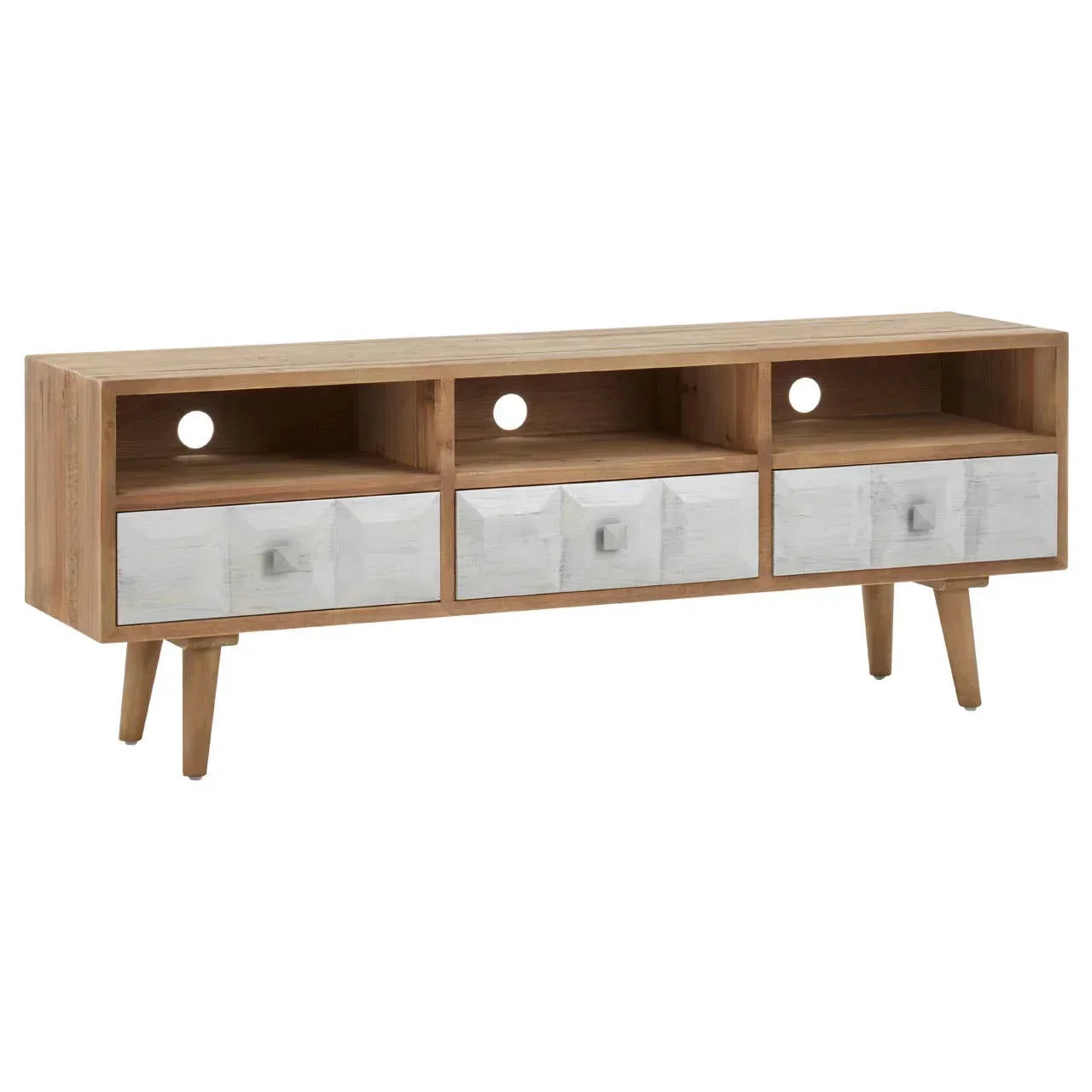 Wooden TV unit with angled legs, three open shelves and three white textured drawers
