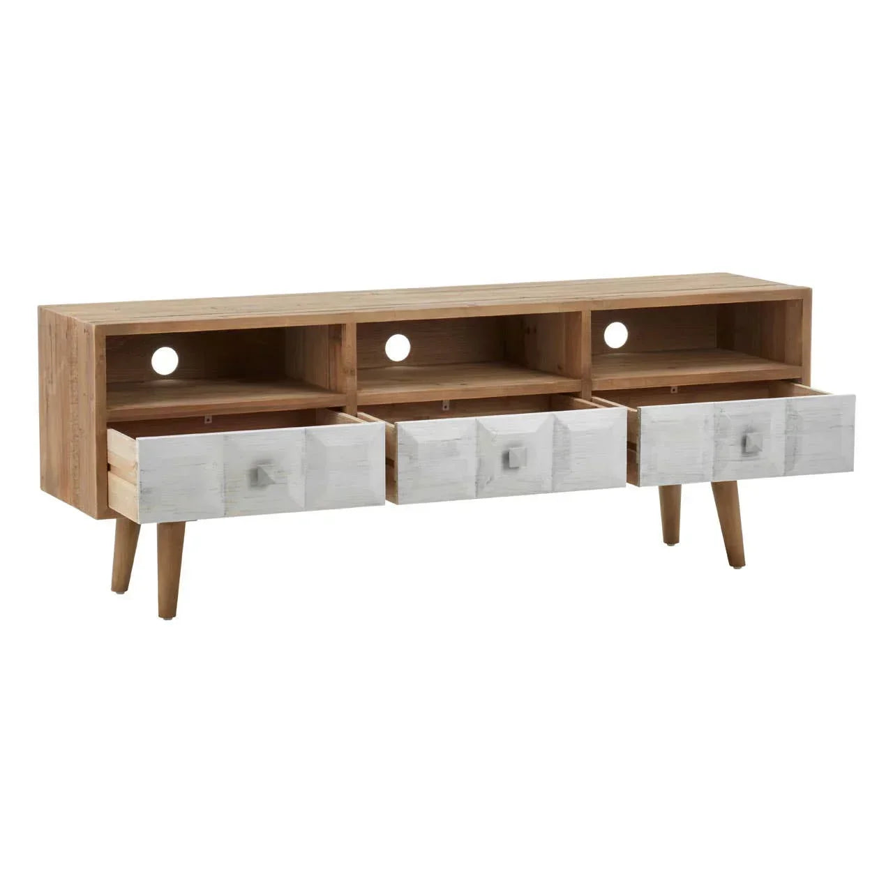 Wooden TV unit with three open shelves and white front drawers, angled legs
