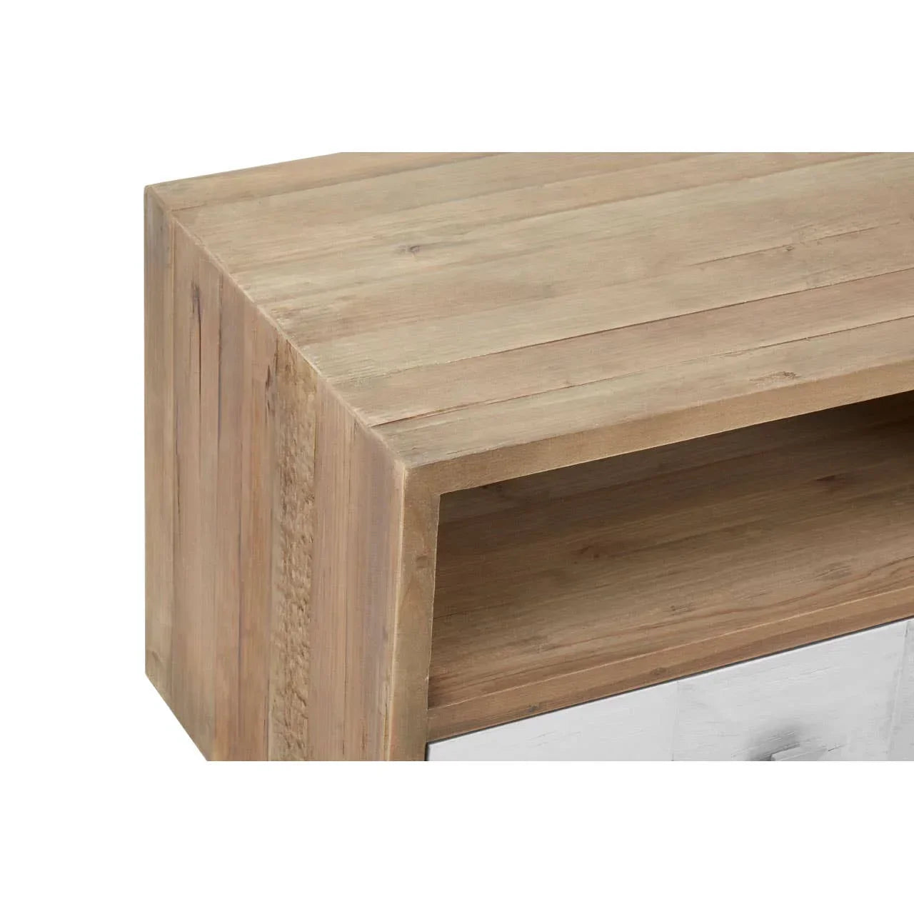 Closeup of wooden TV unit corner showing natural finish and open shelf section