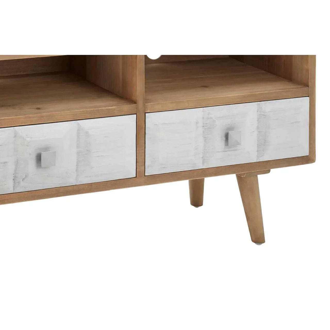 Wooden TV unit with angled legs, open shelves, and two white fronted drawers