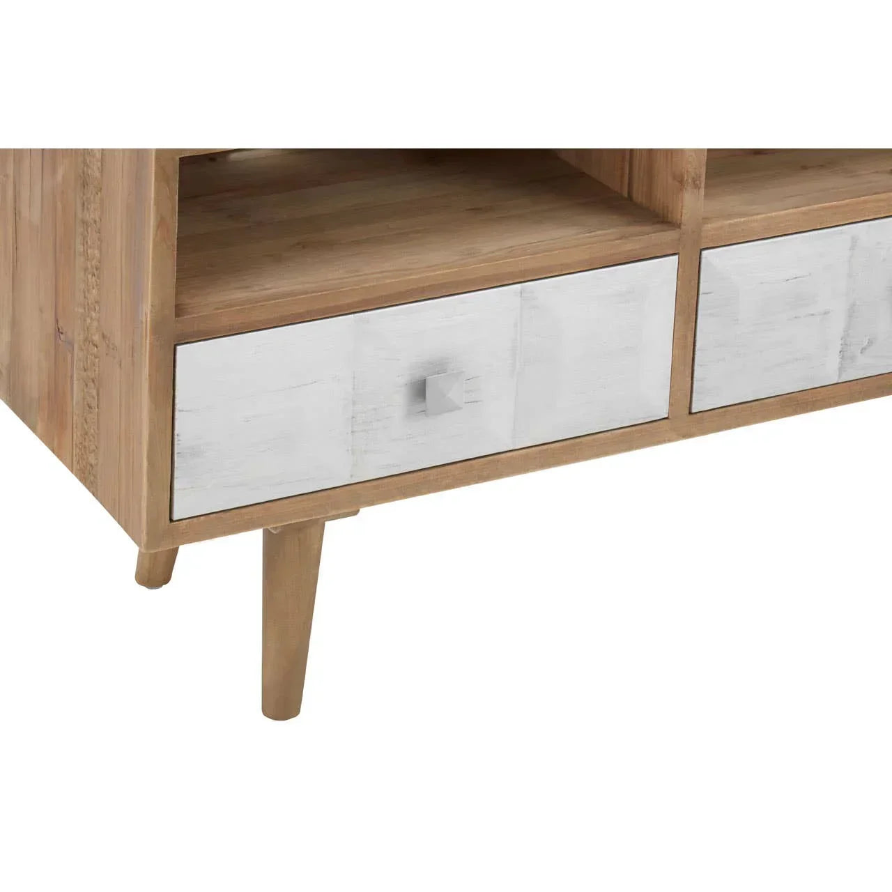 Wooden TV unit with angled legs and distressed white drawer front detail