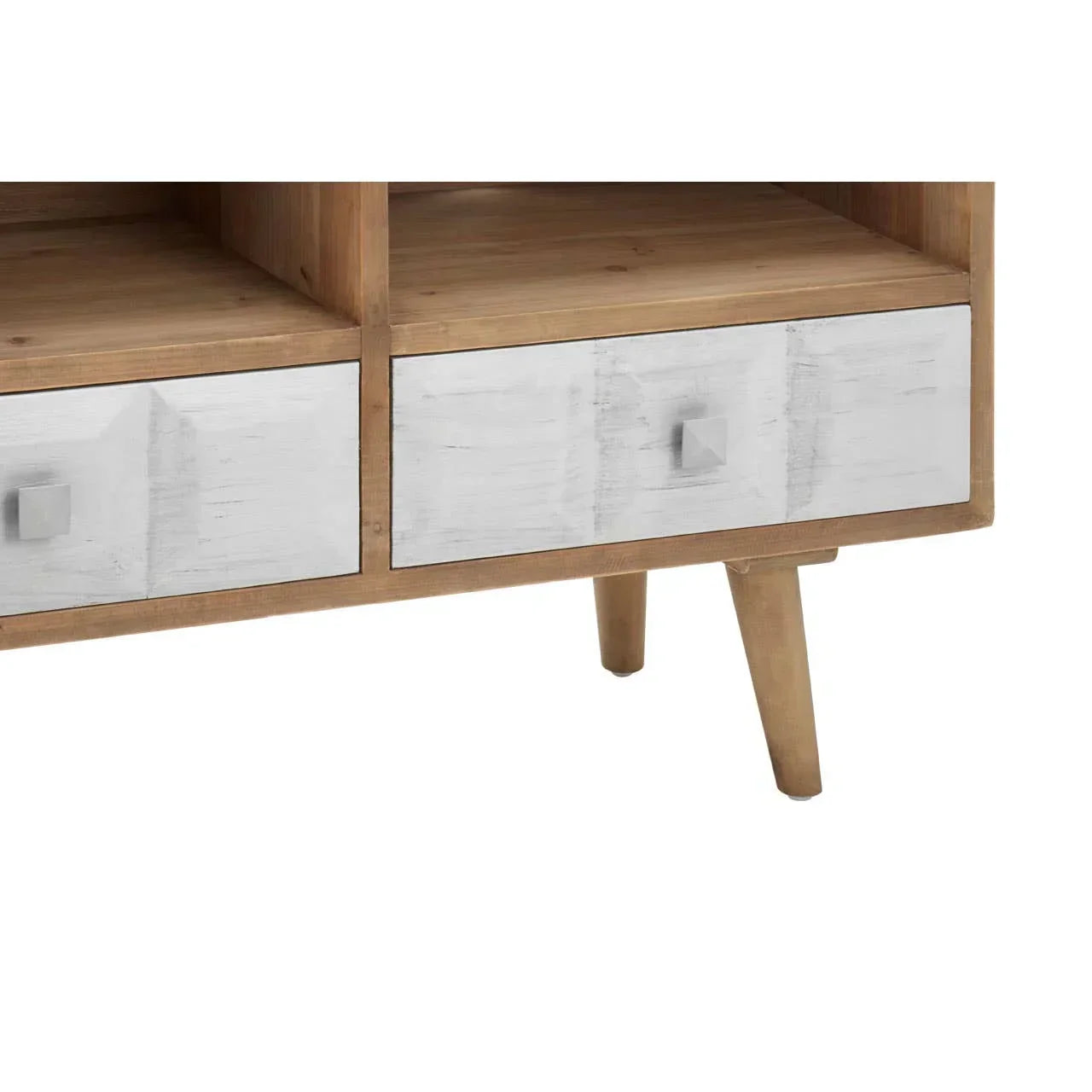 Wooden sideboard with white drawers and angled legs, close-up of drawer detail