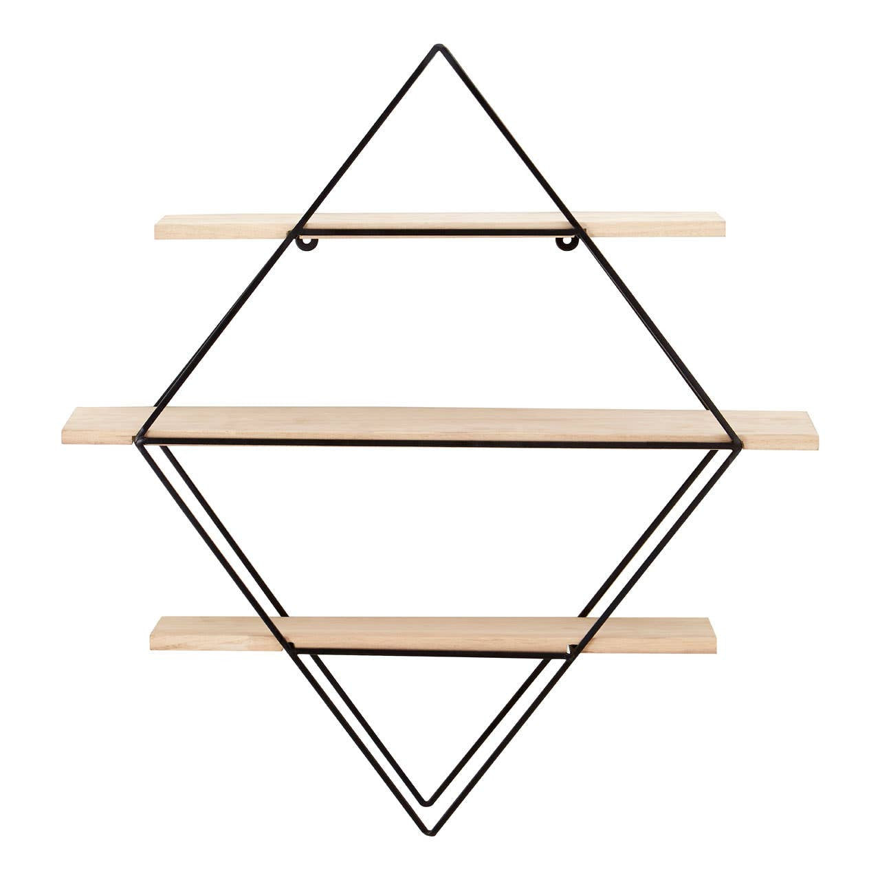 Three-tier wall shelf designed in a rhombus shape, featuring a black metal frame and three wooden shelves. The shelves are arranged horizontally within the diamond structure, providing a modern and stylish display option for home decor