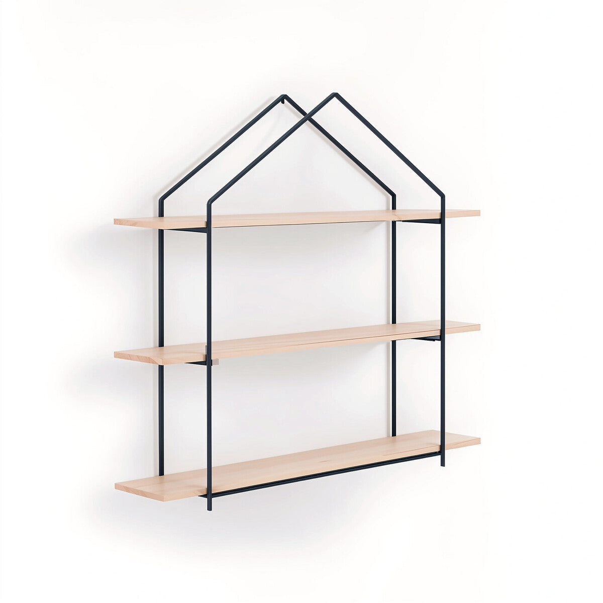 Three-tier wooden wall shelves with a minimalist design, featuring light wood shelves supported by a black metal frame shaped like a house. The shelves are empty, showcasing their spacious design against a plain white background