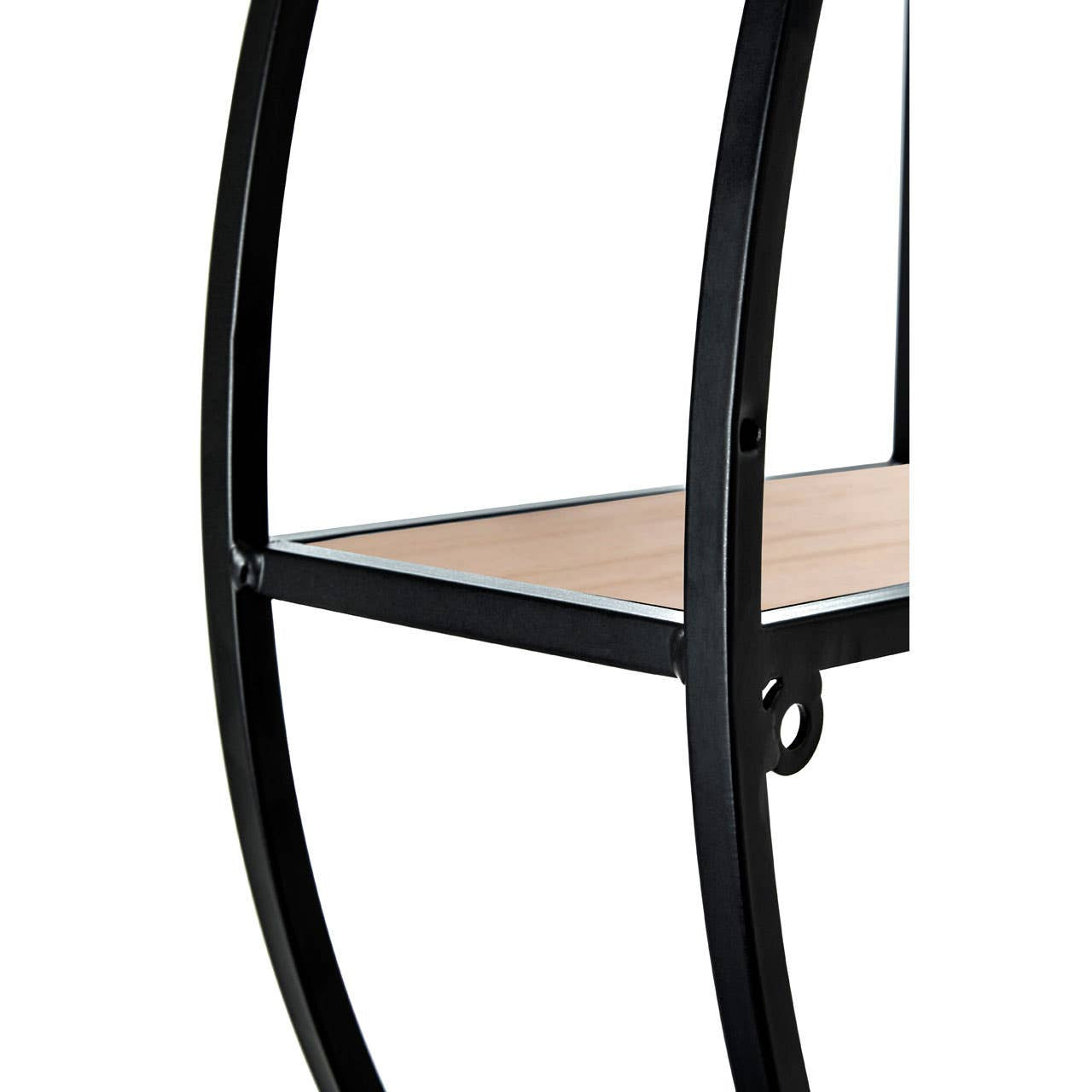 Three-tier round metal wall shelf featuring a sleek black frame with a wooden shelf. The design includes circular metal supports and a minimalist aesthetic, suitable for displaying decorative items or plants