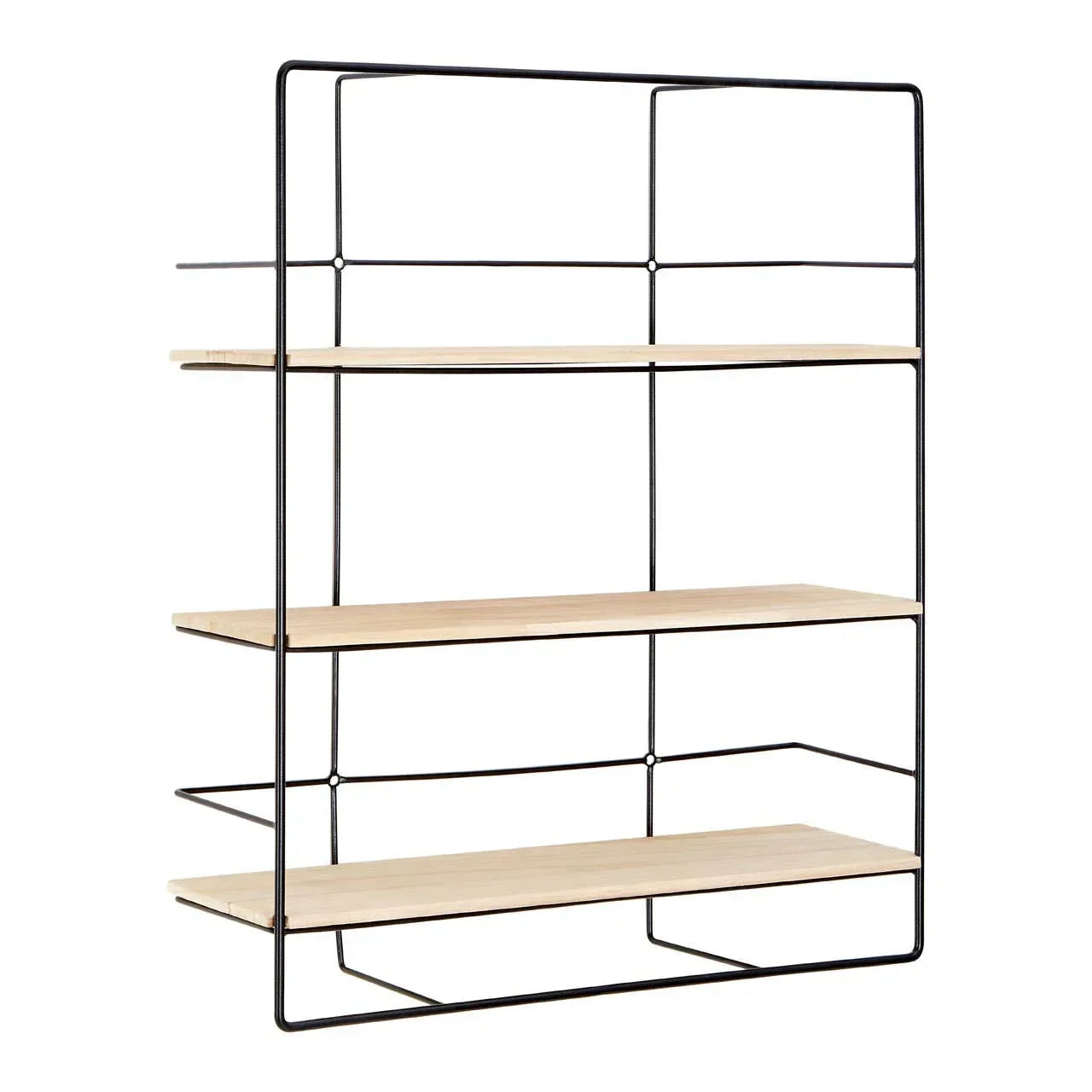 Open wall shelf unit with black metal frame and three light wood shelves