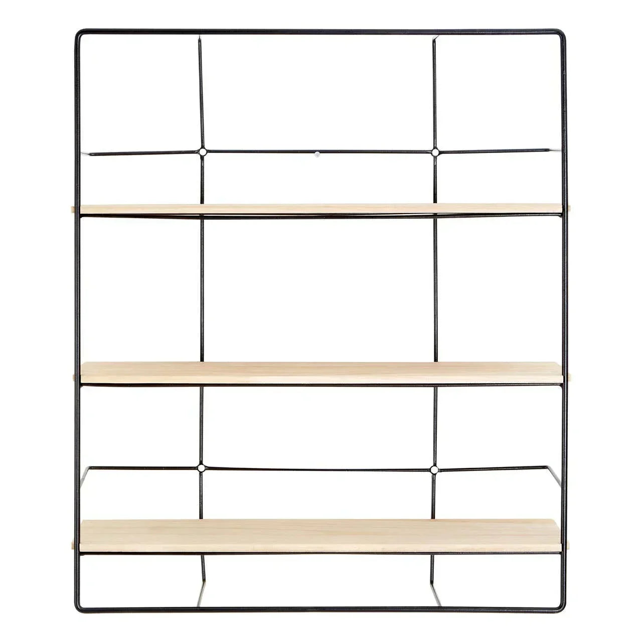 Wall mounted shelving unit with black metal frame and three light wood shelves