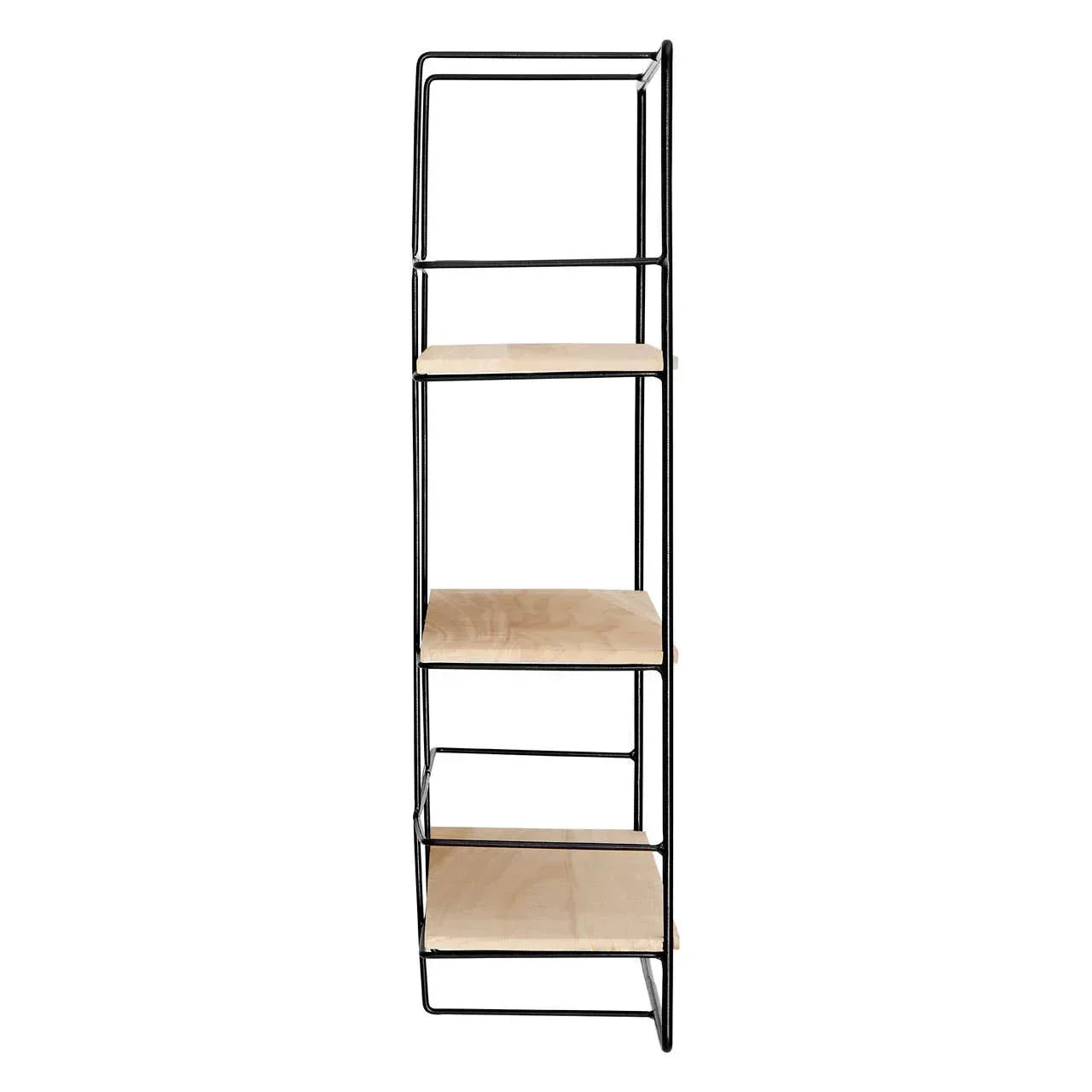 Tall shelving unit with black metal frame and four light wood shelves, side view