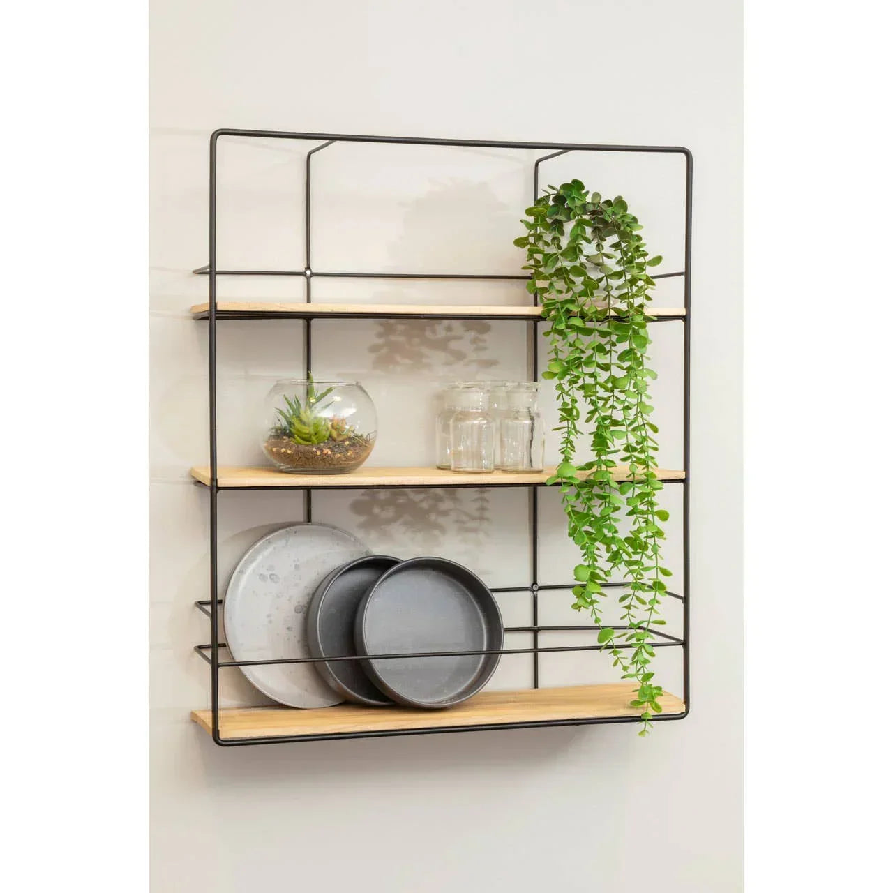 Wall mounted metal and wood shelf with plates, glass jars, plant and terrarium
