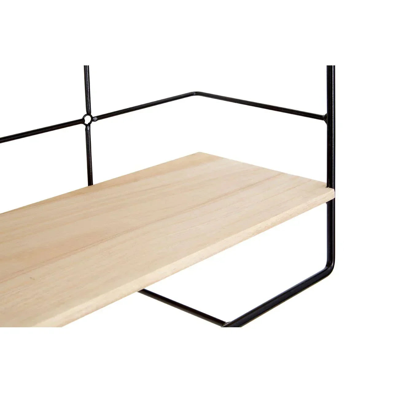 Light wood floating shelf with black metal frame, close-up corner view