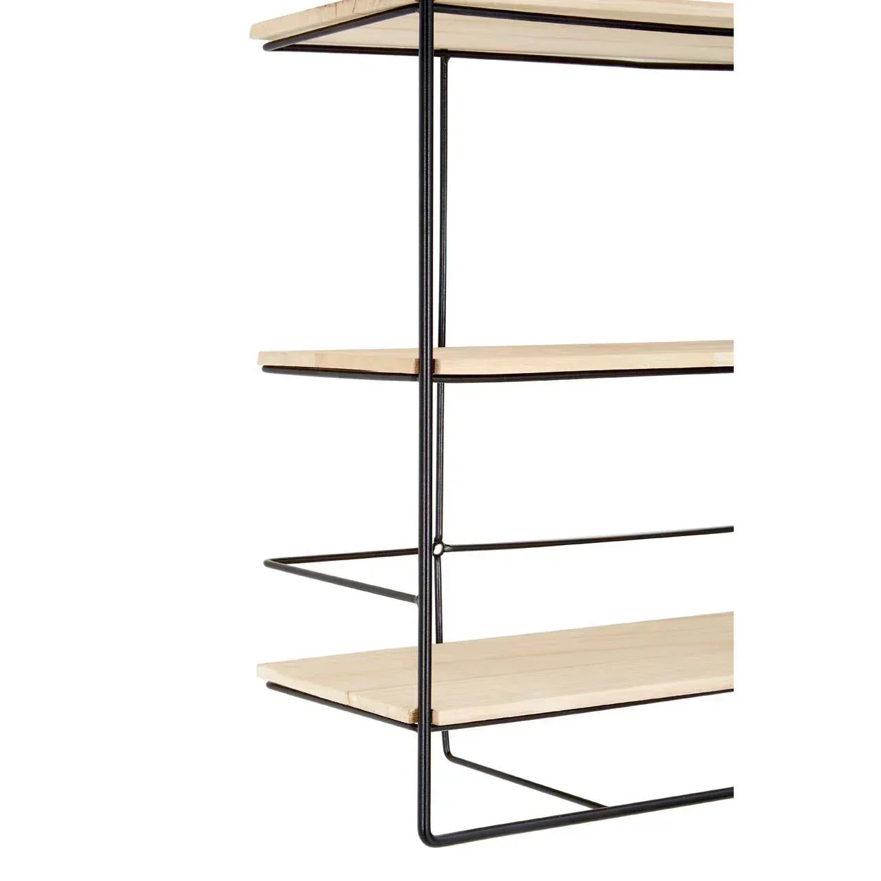 Light wood shelving unit with black metal frame, angled side view