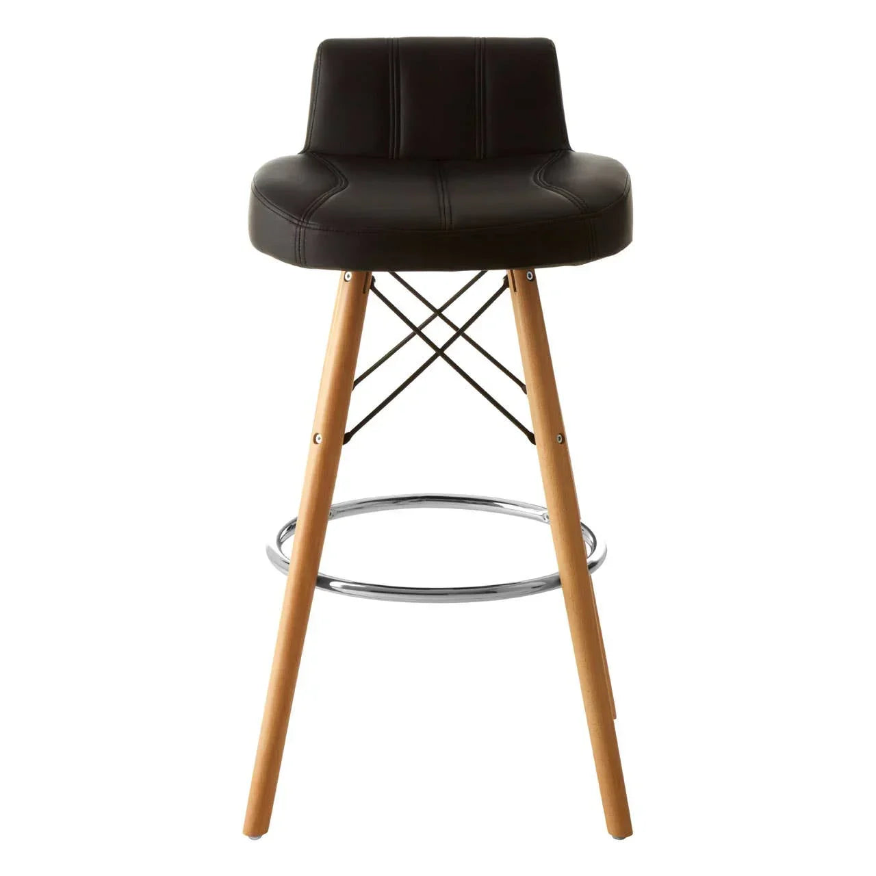Modern black bar stool with padded seat, wooden legs, metal footrest front view