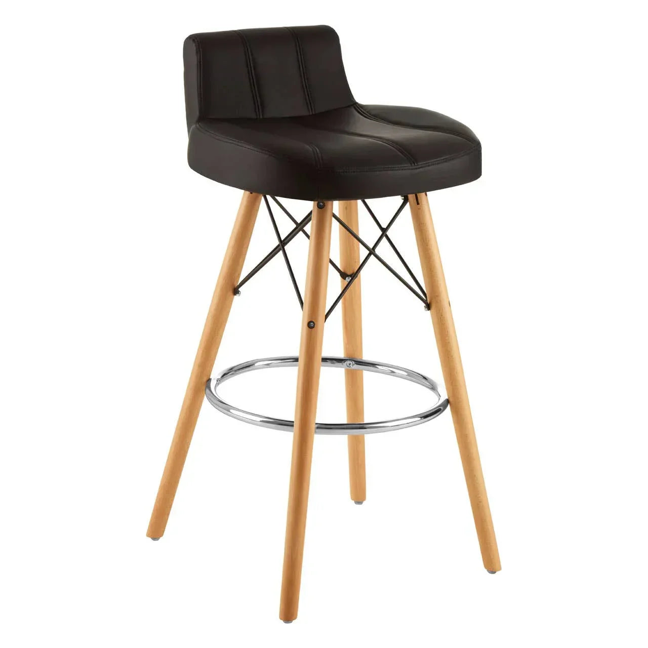 Black leather bar stool with wooden legs and chrome footrest on white background