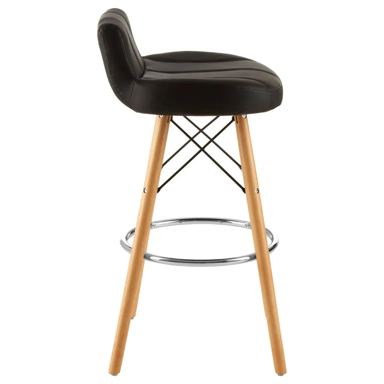 Black bar stool with padded seat, wooden legs and metal footrest, side view