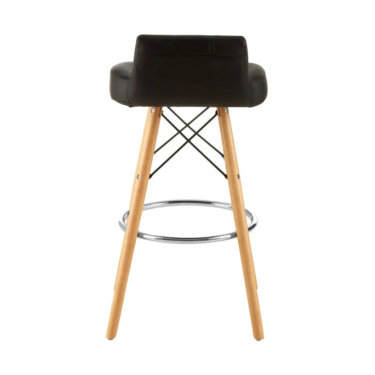 Black bar stool with low backrest, wooden legs, metal footrest, rear view