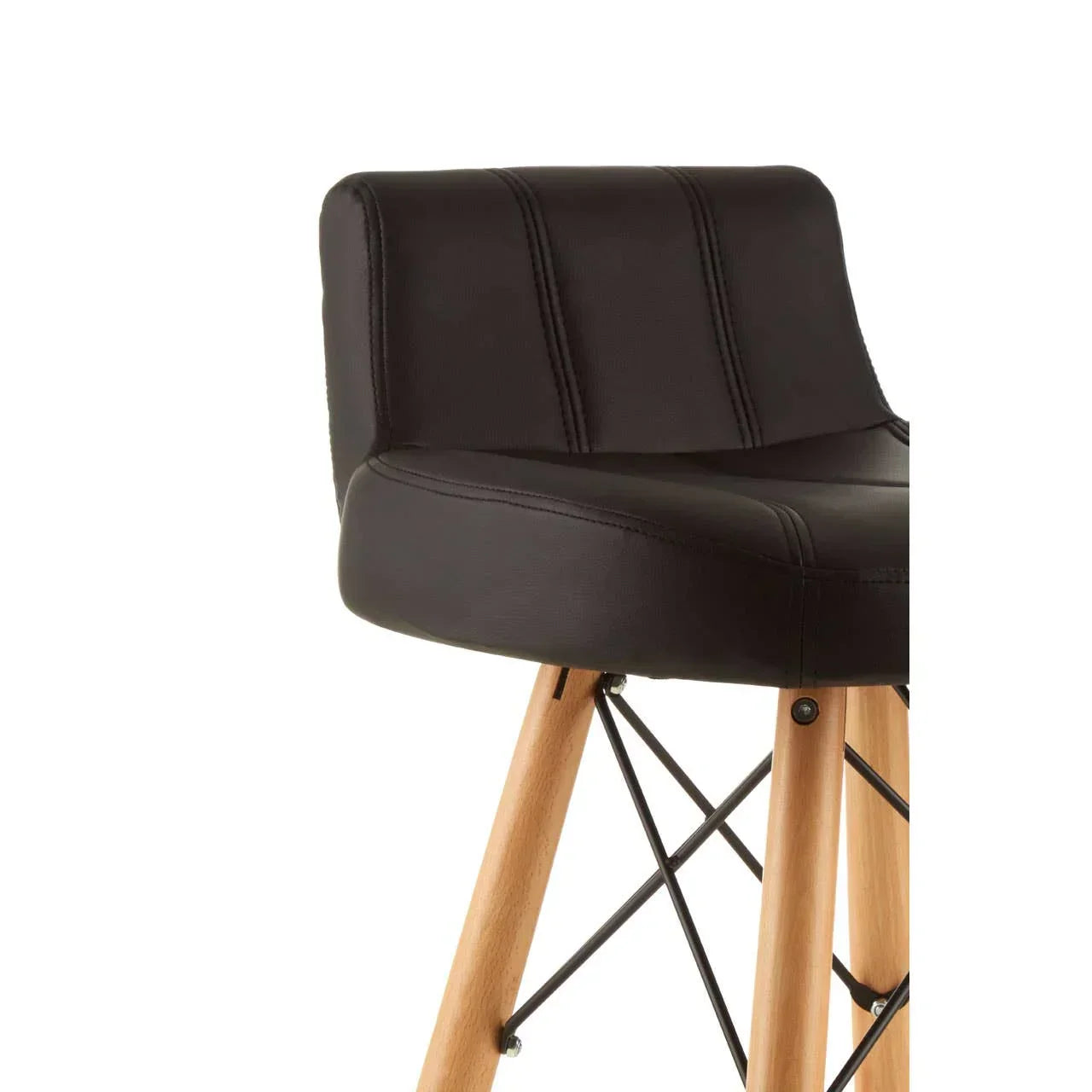 Black faux leather bar stool with stitching detail and wooden angled legs