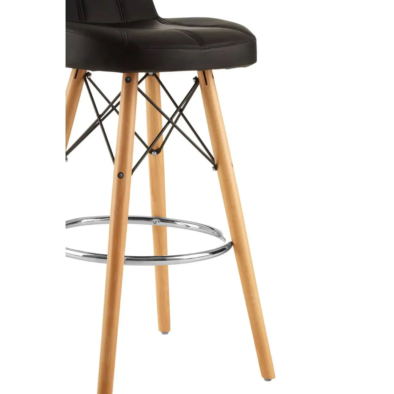 Black bar stool seat with wooden legs, metal footrest, and metal support rods