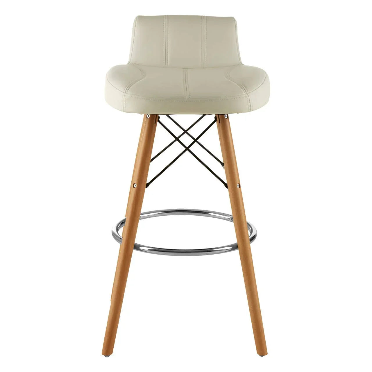 Cream bar stool with padded seat, wooden legs and metal footrest, front view