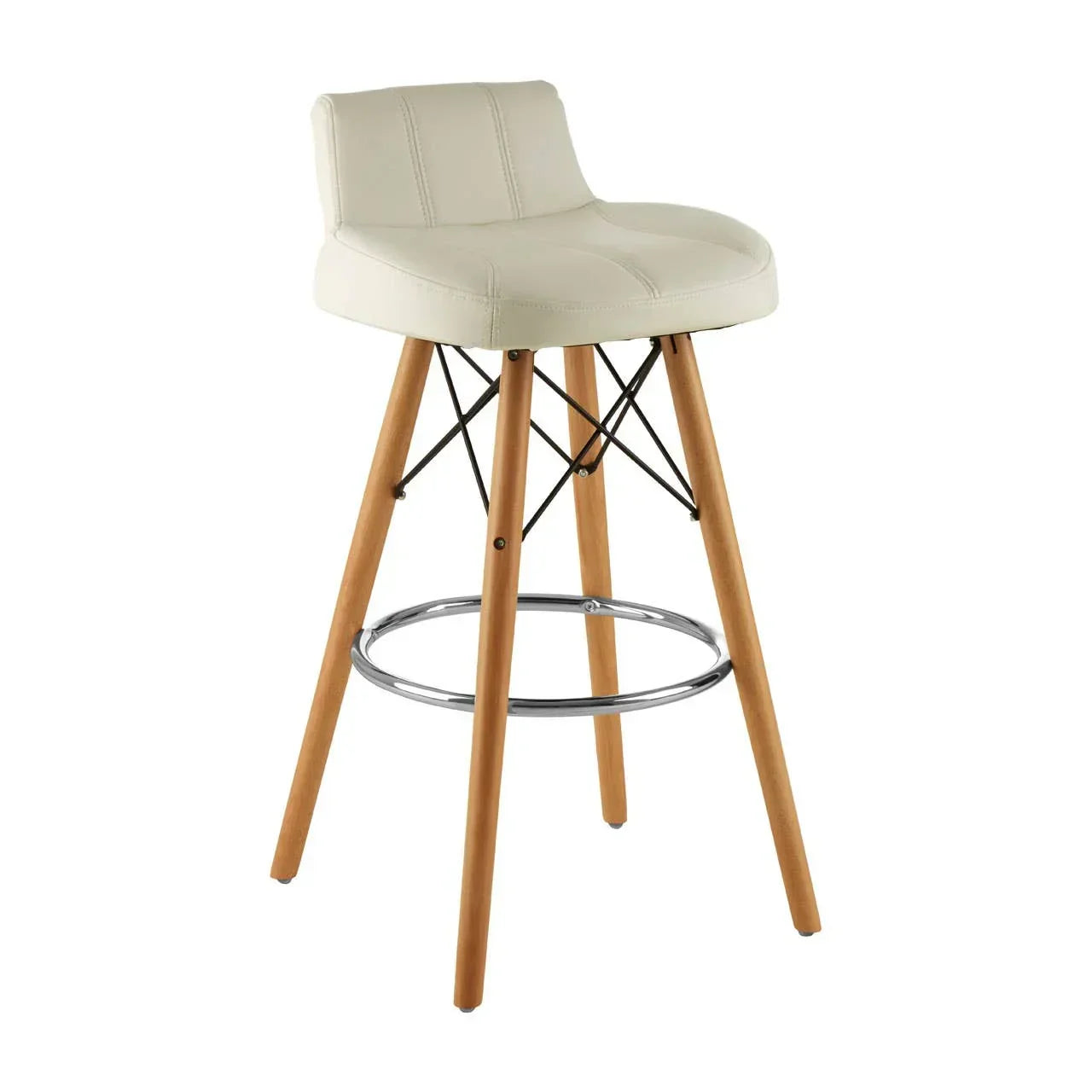Cream bar stool with padded seat, wooden legs, metal footrest and modern stitched detail