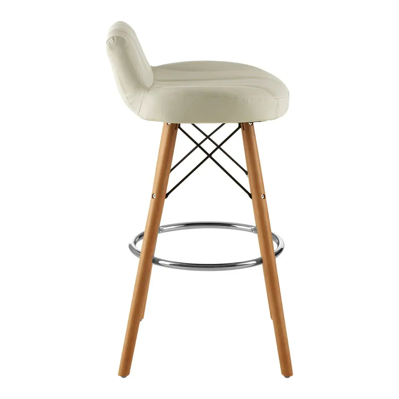 Cream bar stool with padded seat, wooden legs and chrome footrest, side angle view