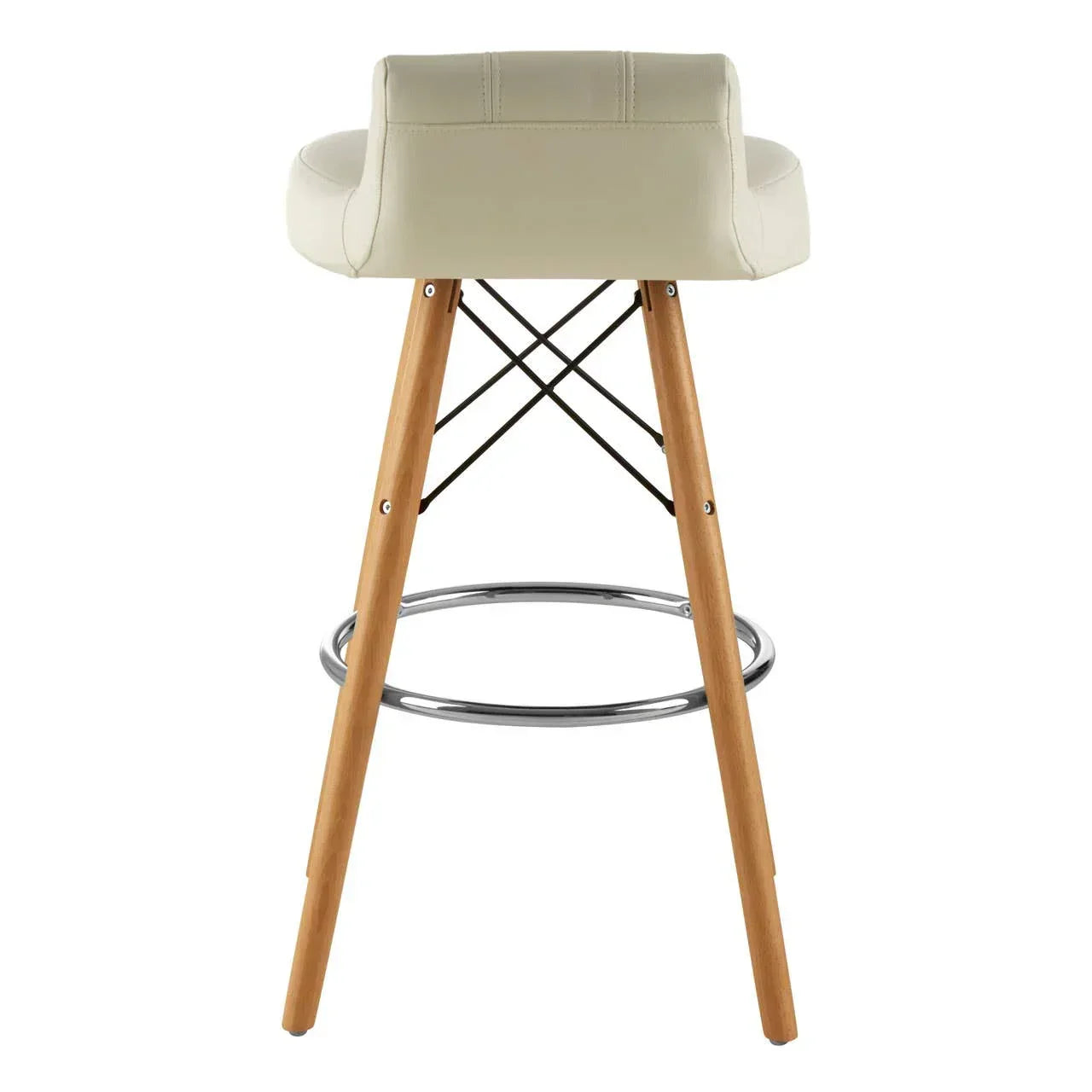 Cream bar stool with wooden legs, chrome footrest and low backrest, rear view