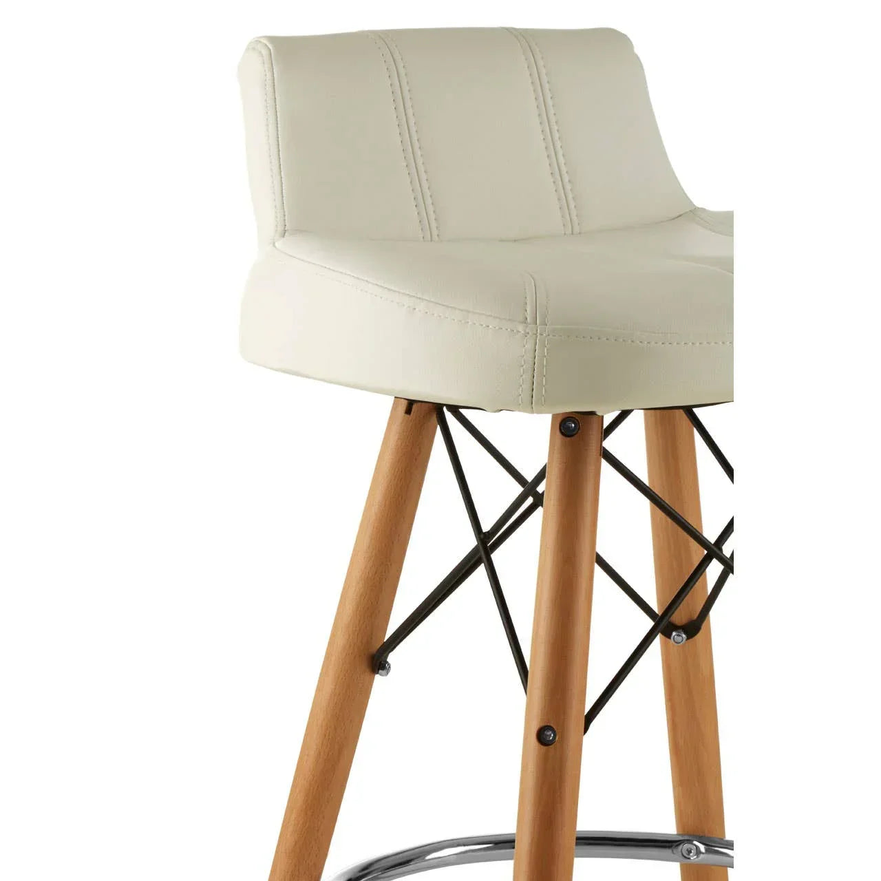 Cream bar stool with padded seat, stitched detail, wooden legs and black metal supports