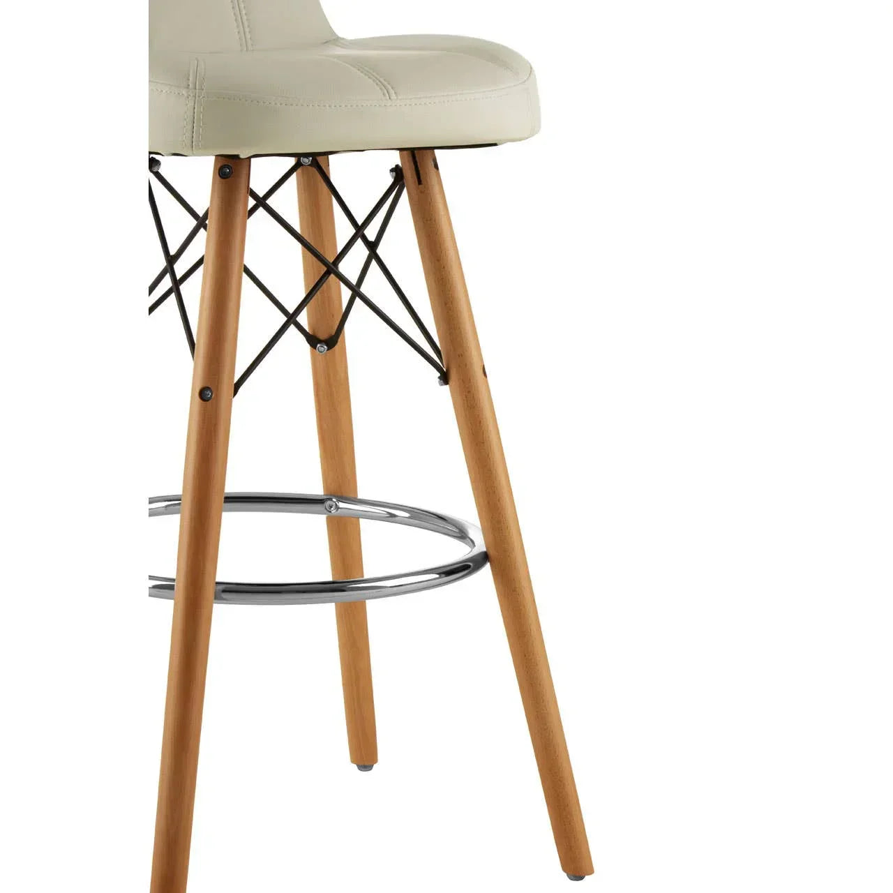 Cream bar stool with padded seat, wooden legs and chrome footrest, side angle view