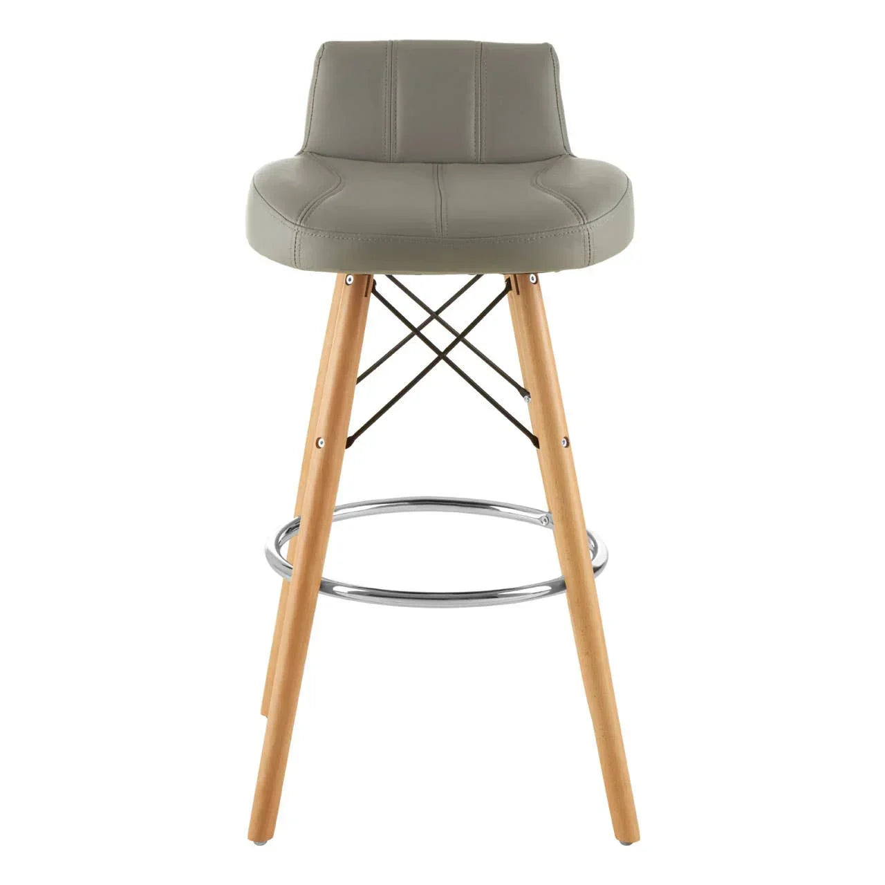 Grey leather bar stool with wooden legs and metal footrest, front view