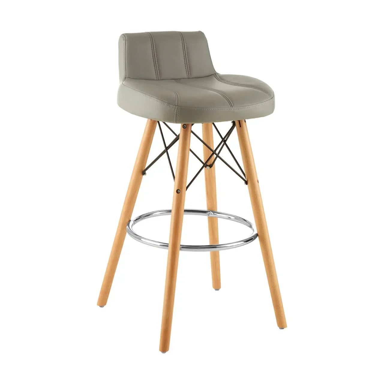 Grey faux leather bar stool with curved seat, wooden legs, metal footrest, and black supports