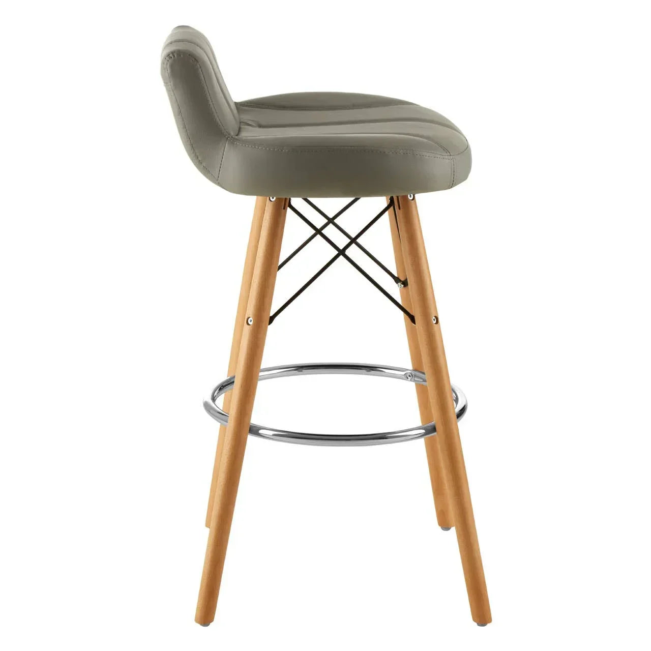 Modern bar stool with grey padded seat, wooden legs, and chrome footrest, side view