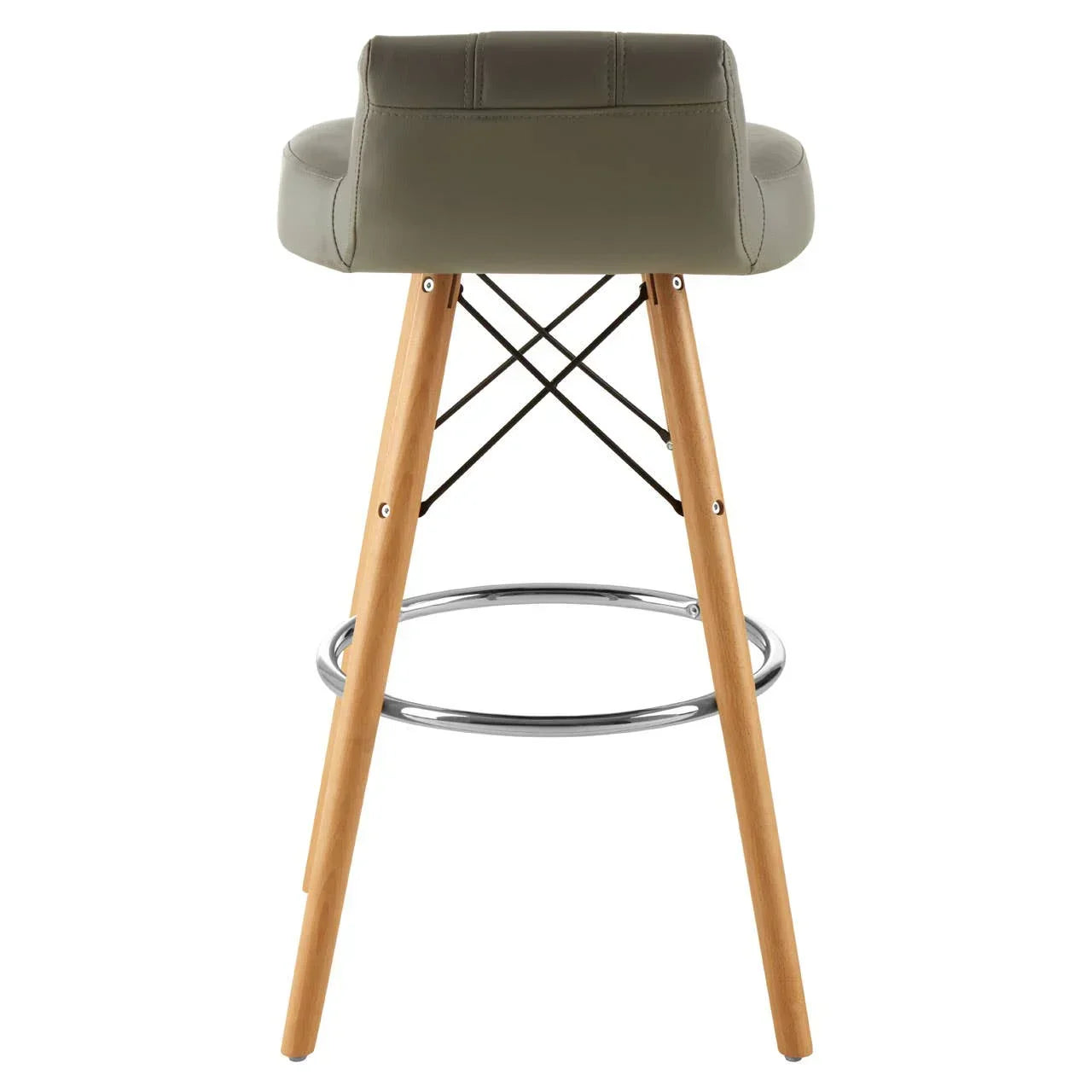 Modern bar stool with padded grey seat, wooden legs, metal footrest, rear view