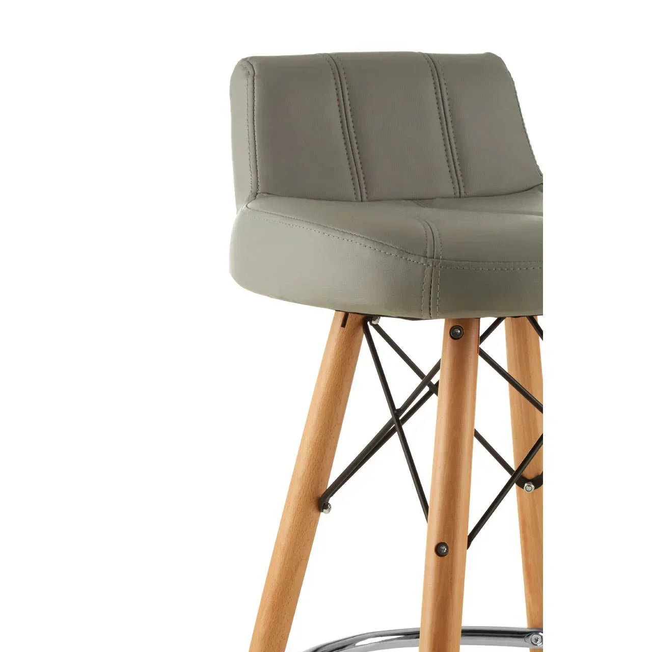 Grey bar stool with upholstered seat, wooden legs, and metal support detail
