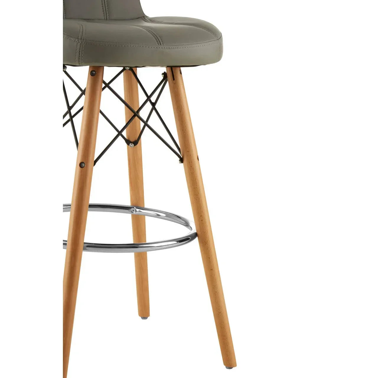 Grey bar stool with padded seat, wooden legs and chrome footrest, close side view