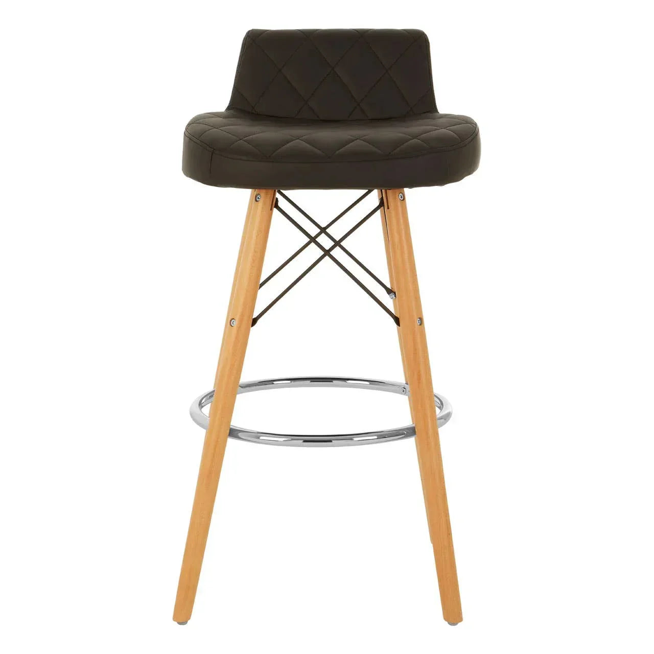 Black bar stool with quilted seat, wooden legs and chrome footrest, front view