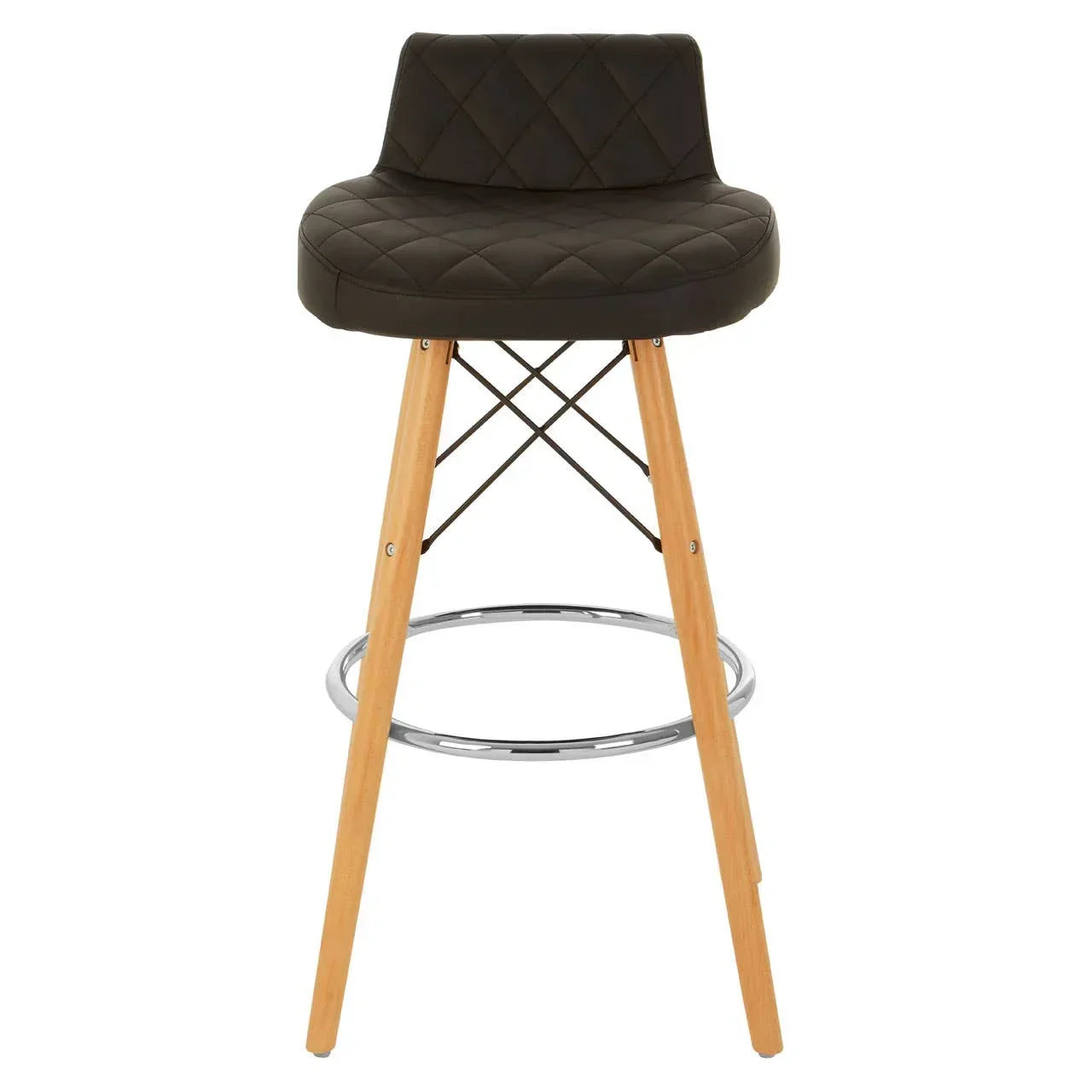 Black bar stool with diamond-stitched seat, wooden legs, and metal footrest front view