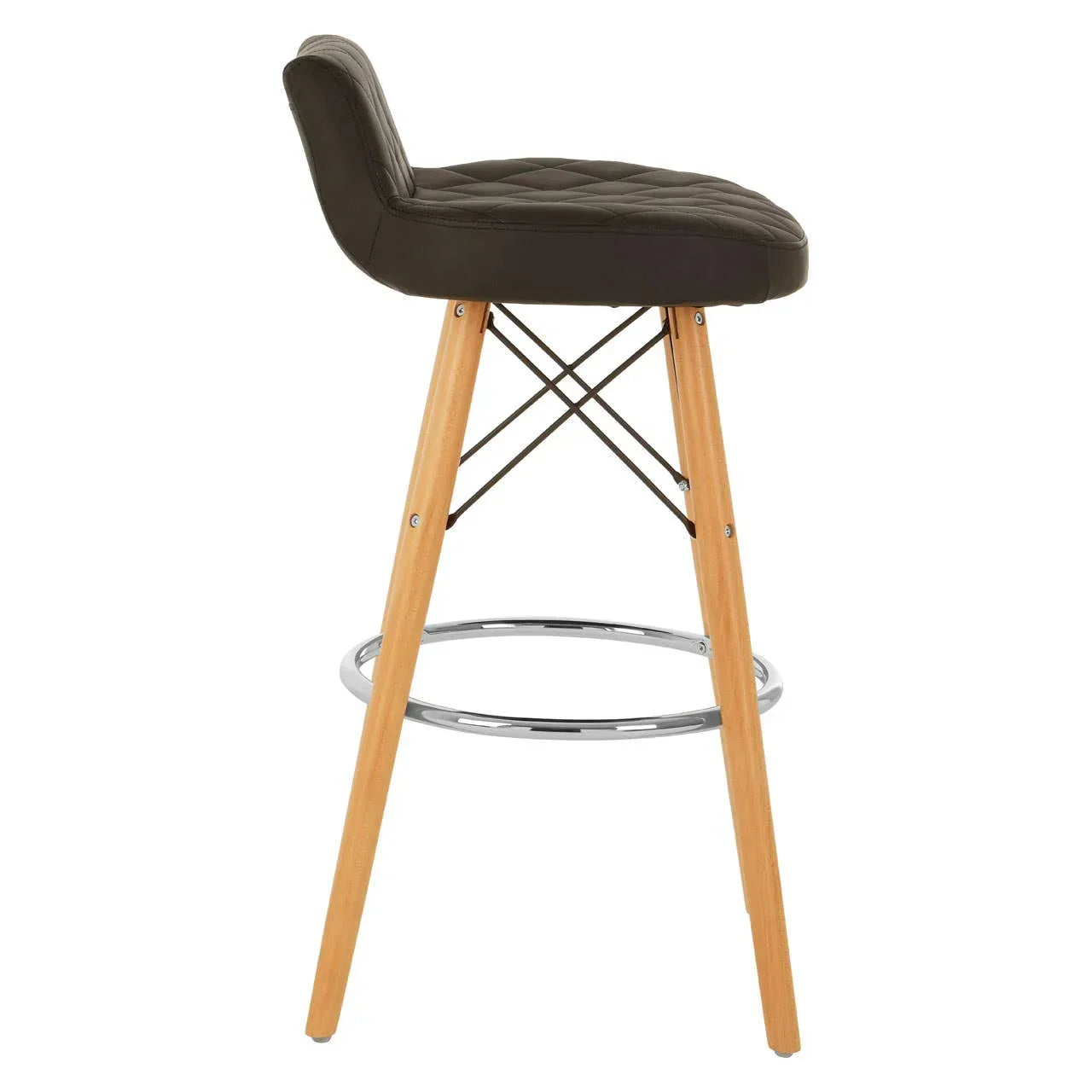 Brown faux leather bar stool with wooden legs and chrome footrest, side view