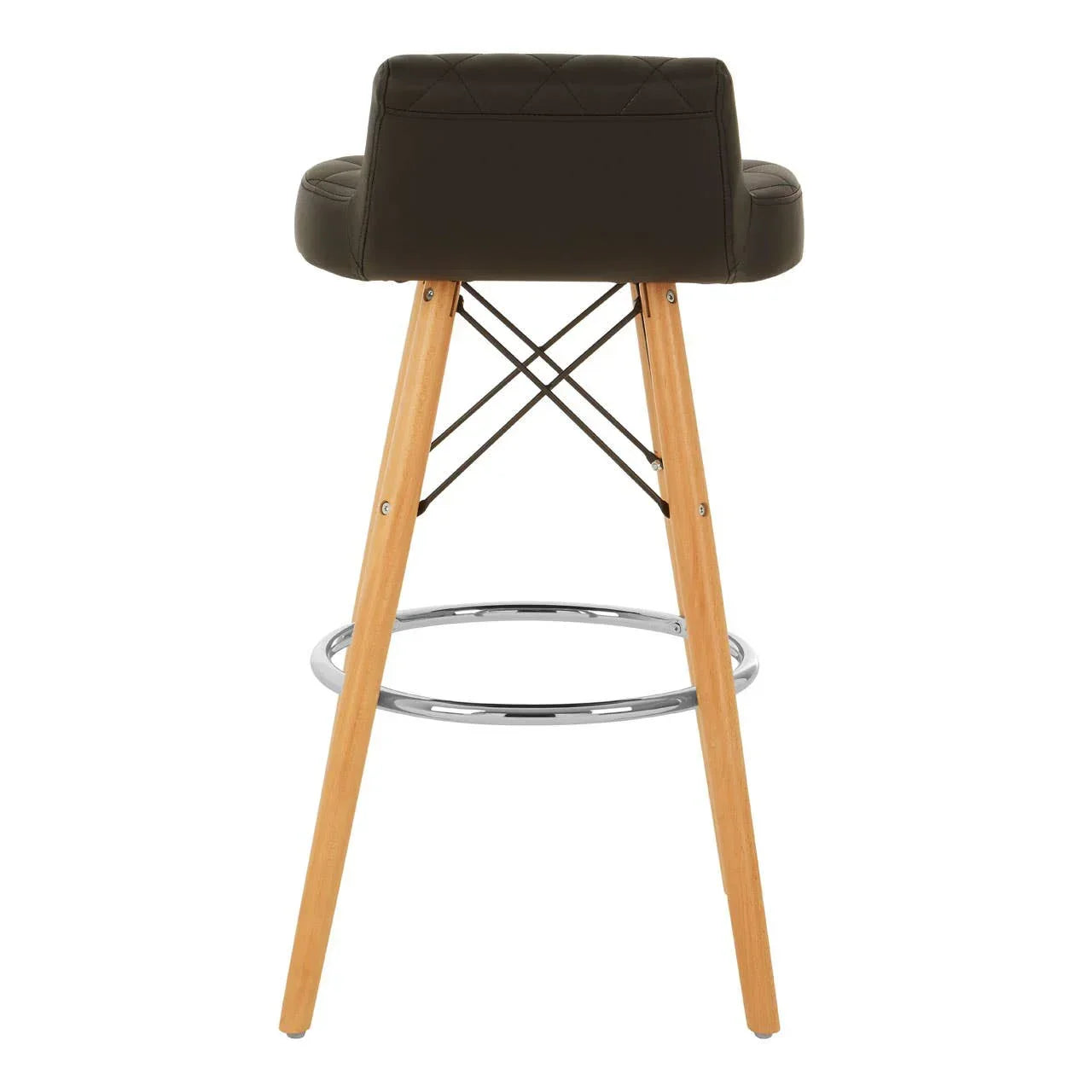 Back view of bar stool with quilted dark seat, wooden legs and chrome footrest