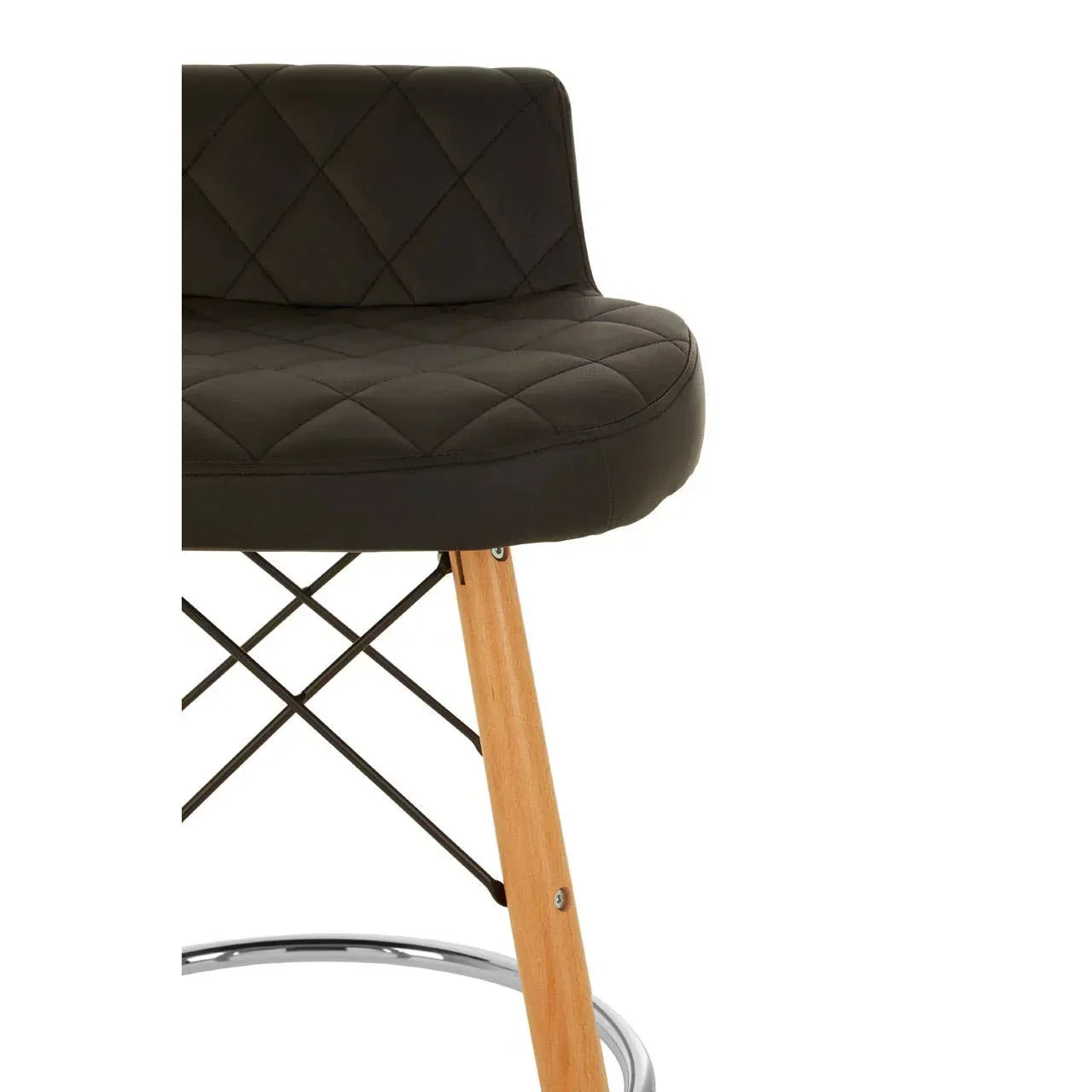 Black quilted bar stool with wooden legs and metal footrest, partial side view