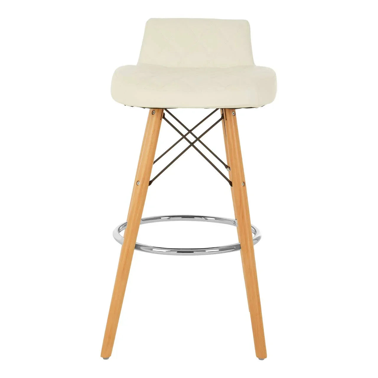 Cream upholstered bar stool with wooden legs and chrome footrest, front view