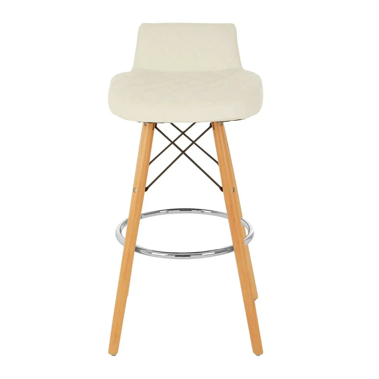 Cream bar stool with wooden legs, quilted seat and chrome footrest, front view