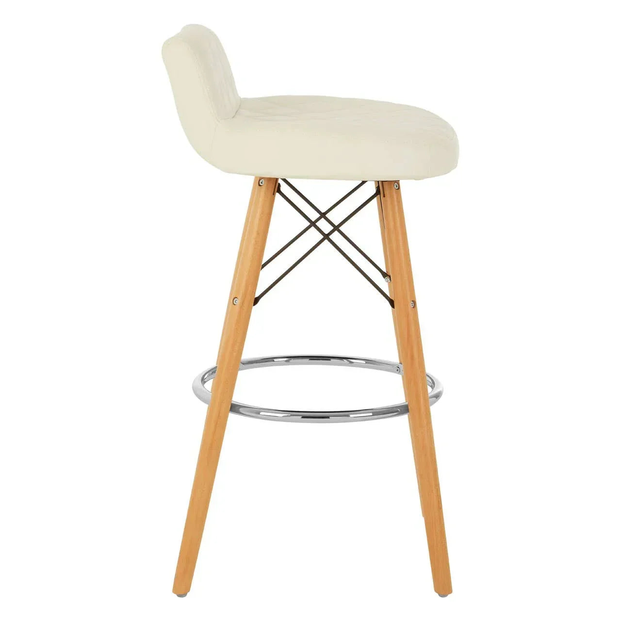 Cream bar stool with padded seat, wooden legs, chrome footrest and side view angle