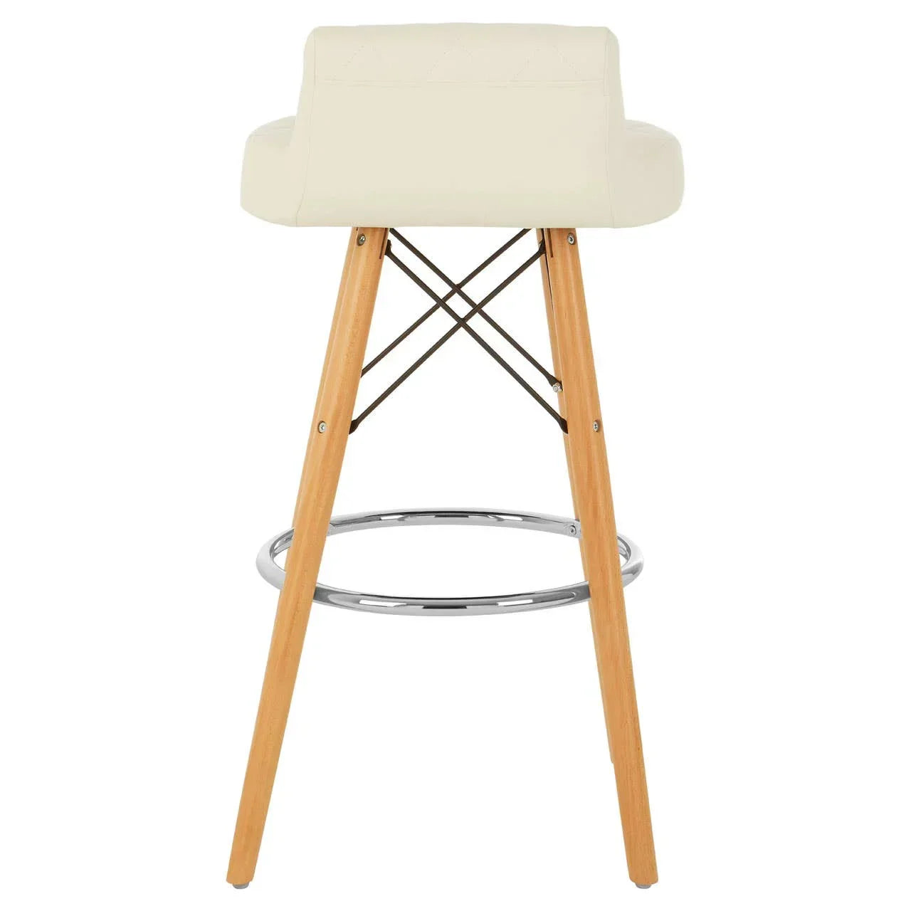 Cream bar stool with wooden legs, chrome footrest, and low backrest rear view