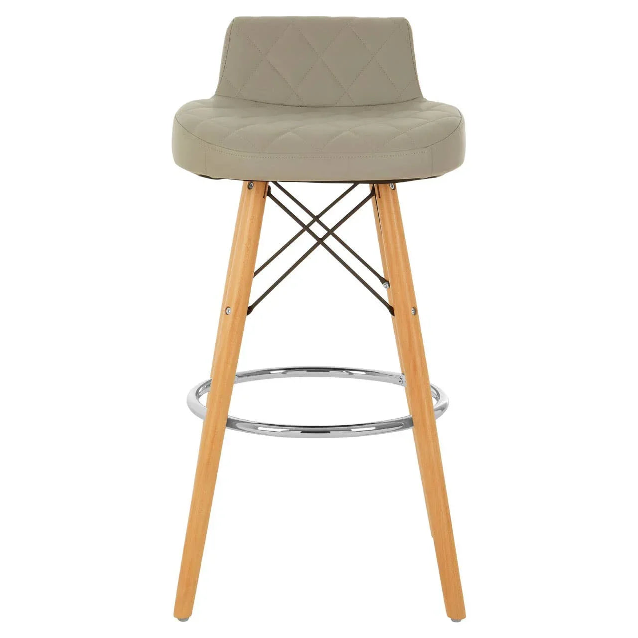 Beige bar stool with quilted seat, wooden legs, metal footrest, front view