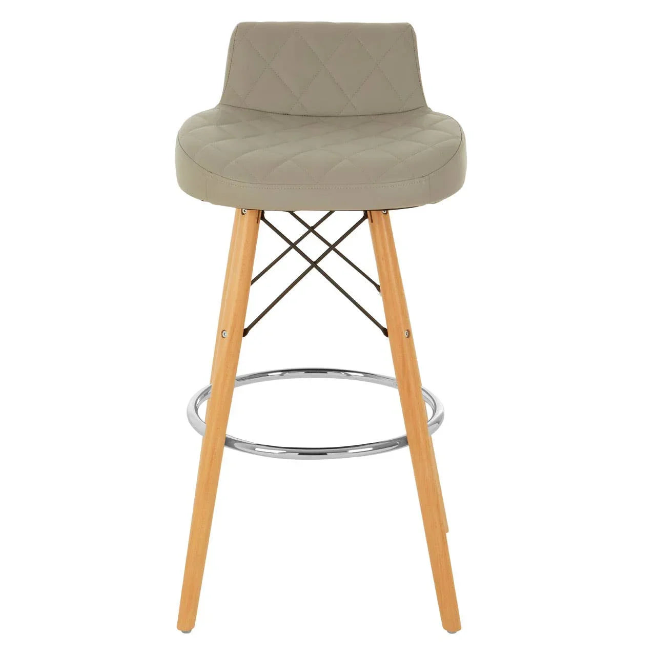 Beige bar stool with padded seat, wooden legs and metal footrest, front view