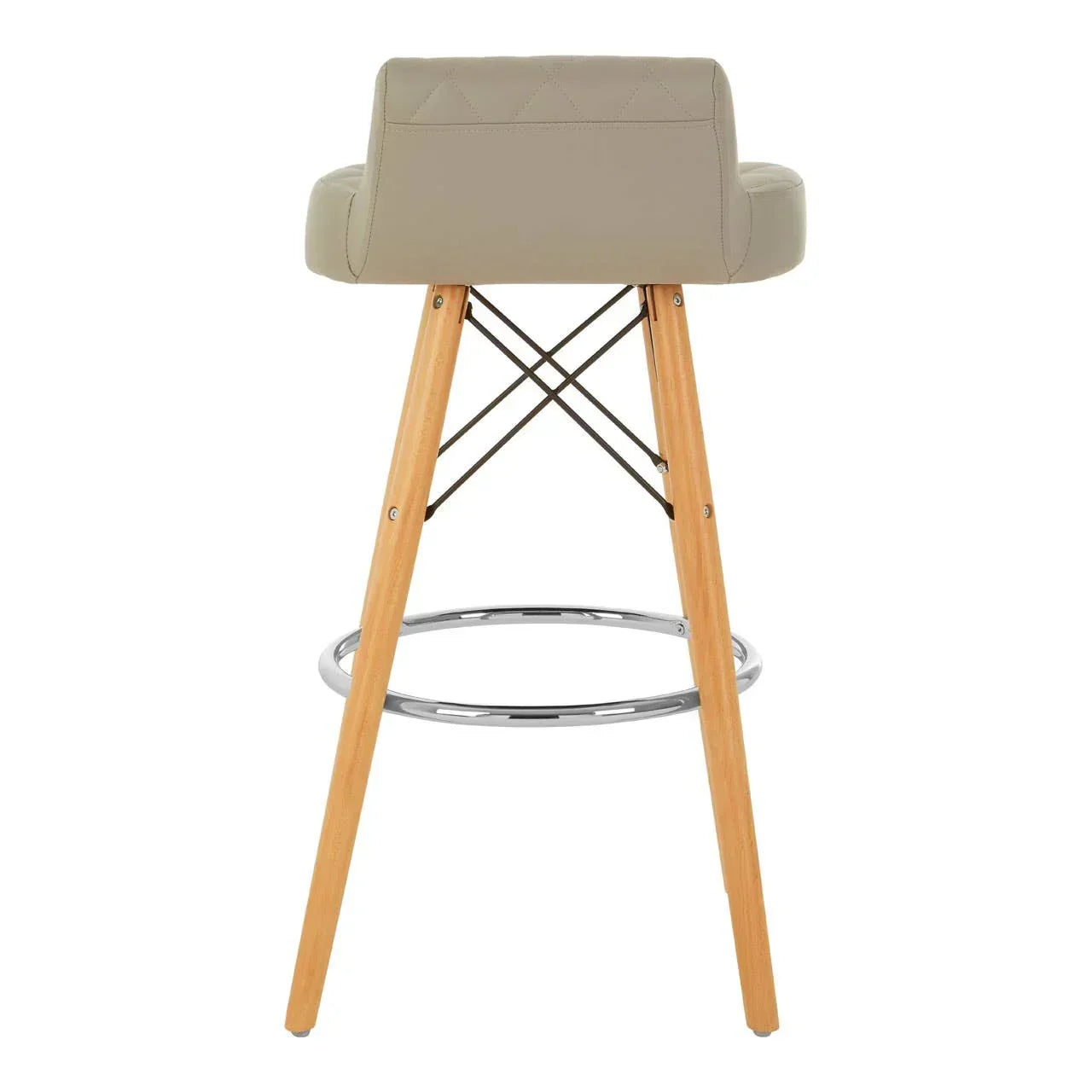 Beige bar stool with padded backrest, wooden legs and chrome footrest, rear view
