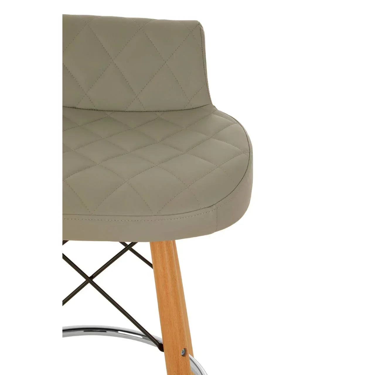 Closeup of taupe bar stool seat with quilted upholstery and wooden legs