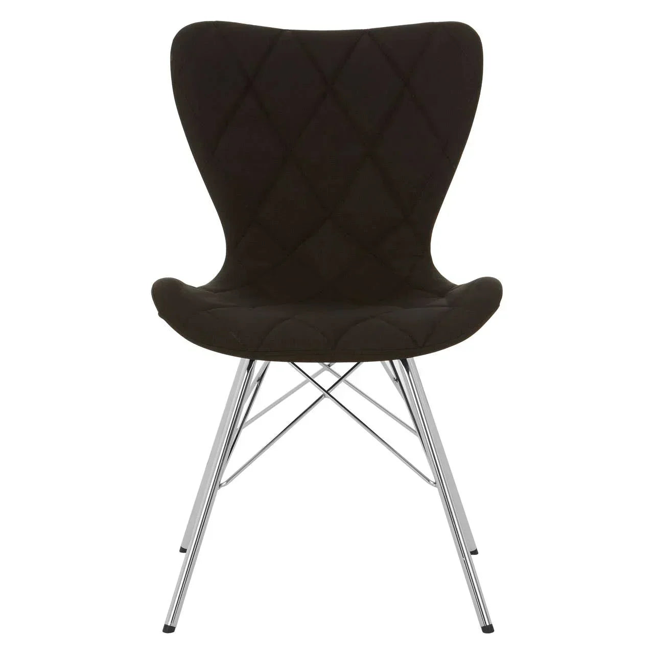 Black dining chair with diamond-stitched seat and chrome metal legs front view