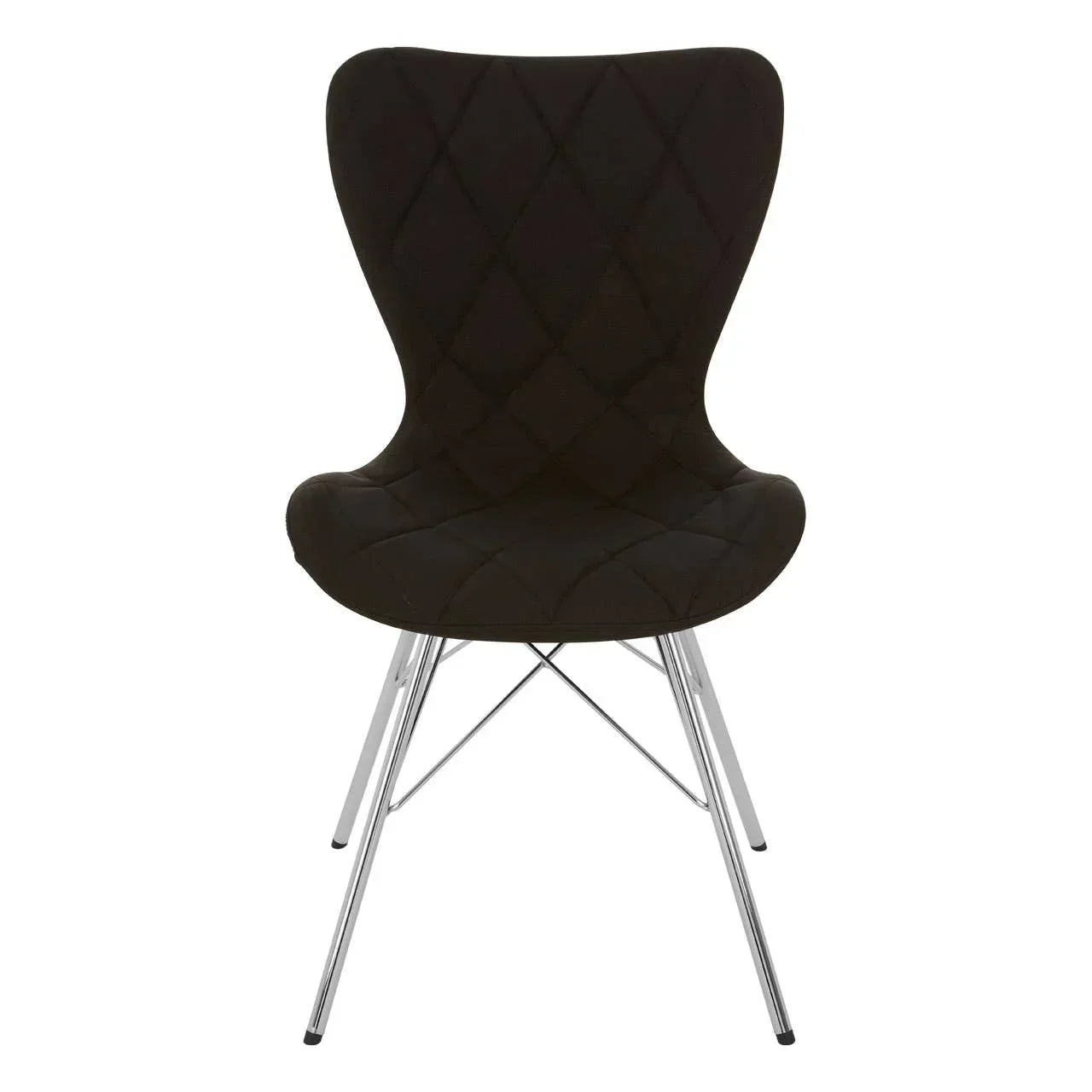 Black dining chair with diamond-stitched seat and chrome metal legs, front view